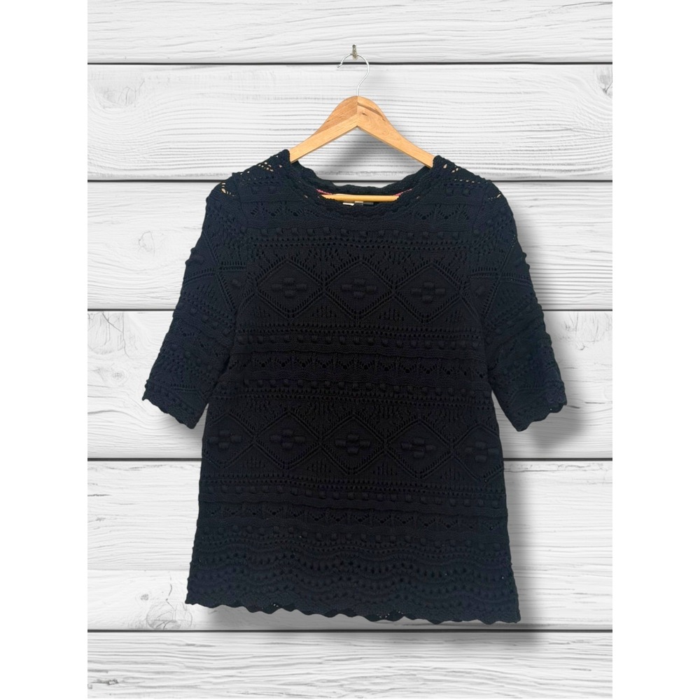 Boden Crochet Pointelle Knit Bobble Textured Short Sleeve Top Black US 6